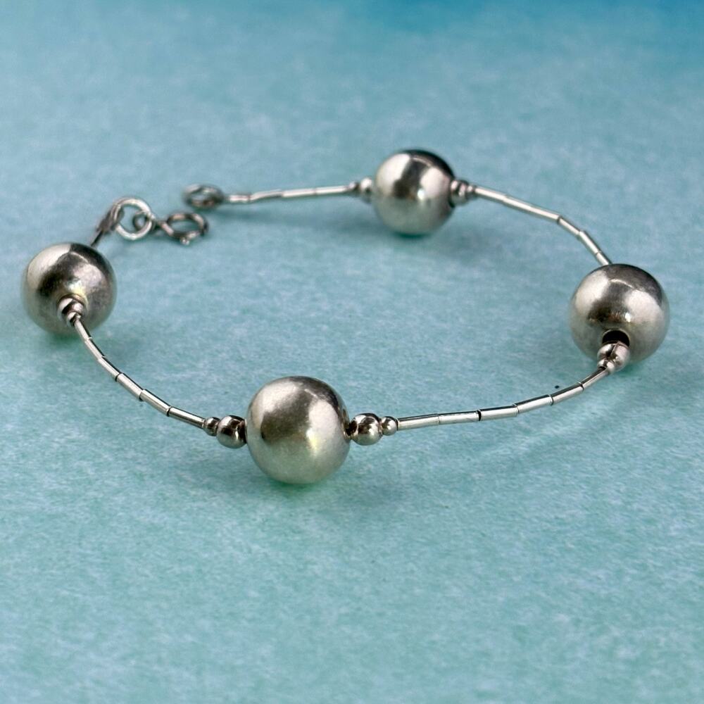 Vintage Sterling Silver Bead Bracelet 7.5 Inch, 925 Silver Link Bracelet